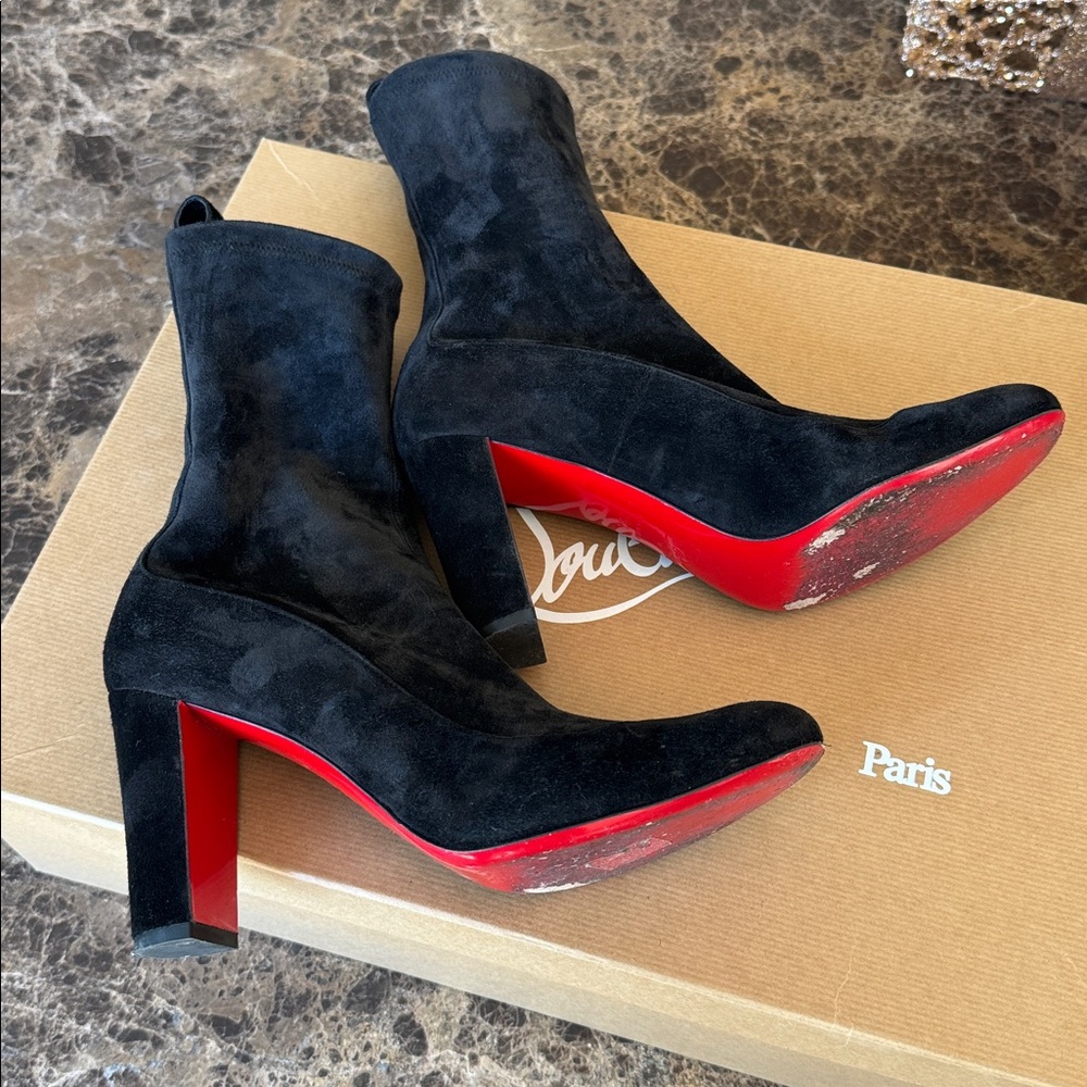 Christian Louboutin gena 85mm stretch boot bootie black suede sz 38.5 - Picture 7 of 13